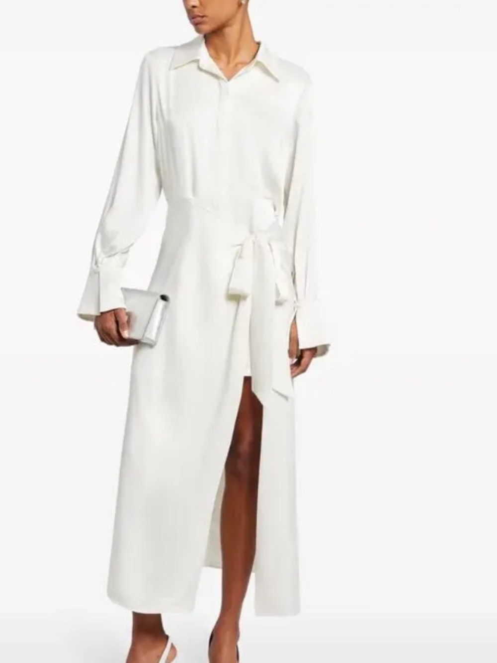 SIMKHAI Maxi Shirt Dress with Waist Tie and Front Slit